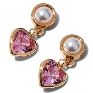 Claire's Gold-tone Faux Pearl and Pink Cubic Zirconia Heart Earrings